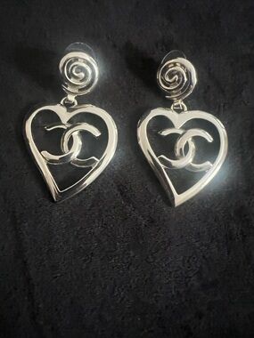 CHANEL Silver Heart Drop Earrings with CC Motif